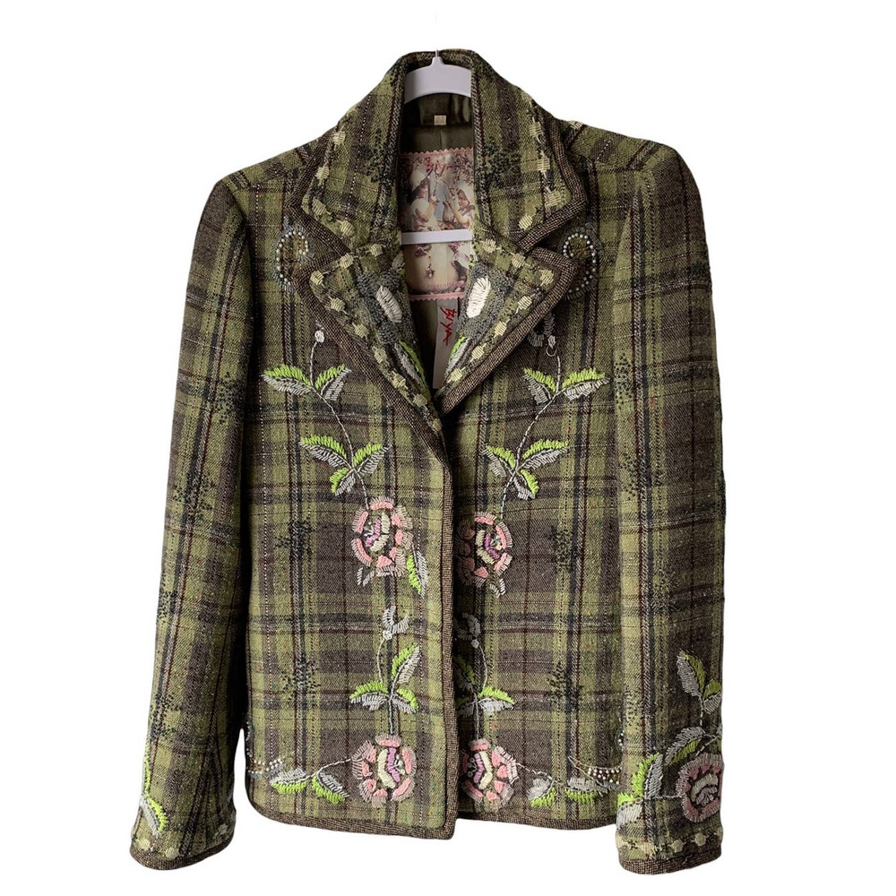 Johnny Was Olive Green Plaid Embroidered Jacket with Pink Floral Accents
